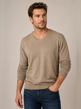 Kallspin Men's M Cashmere Wool Blend Relaxed V Neck Pullover Sweater size L